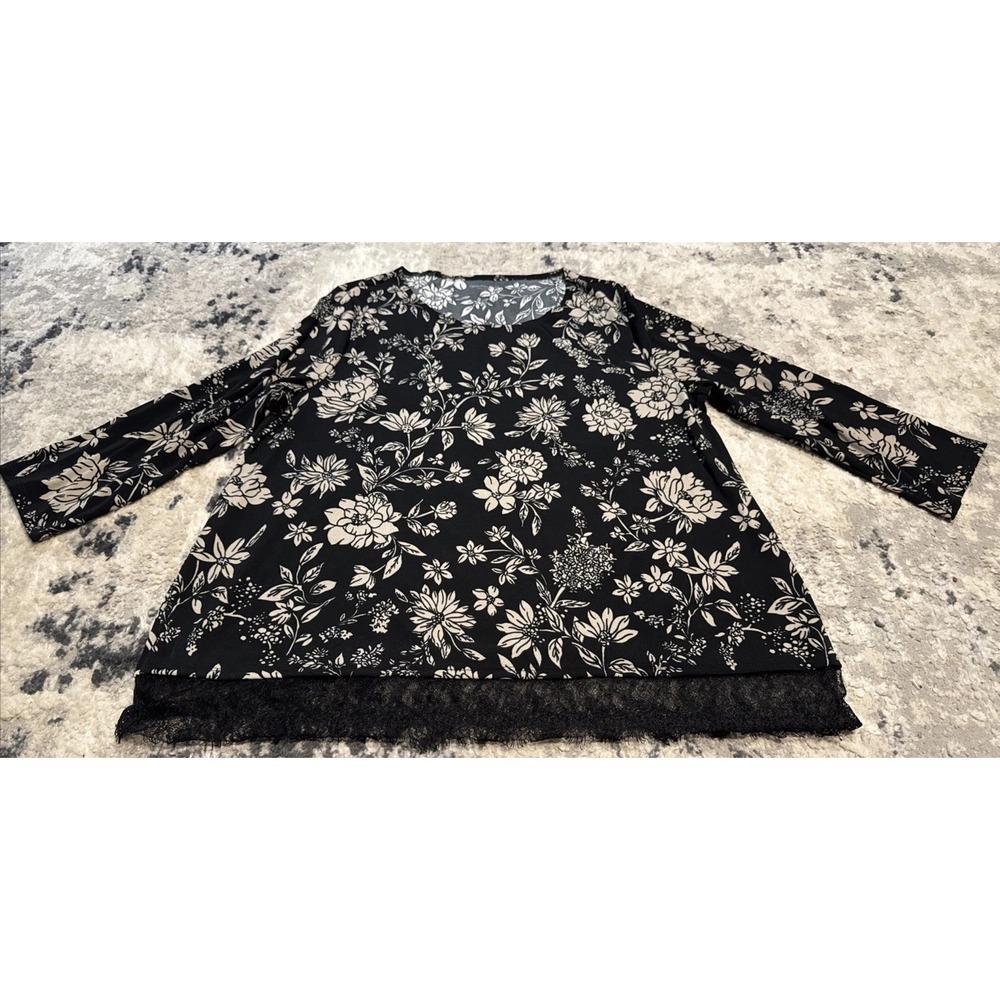 Coldwater Creek Shirt Sz XL X-large Black Tan Lace Hem Floral 3/4 Sleeve